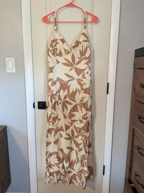 Lulu's Cream and Brown Leaf-Print Maxi Slip Dress